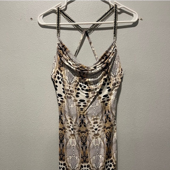 Bebe Snake Skin Print Mini Dress with Gold Chain Criss Cross Straps Cowl Neck - Picture 5 of 11